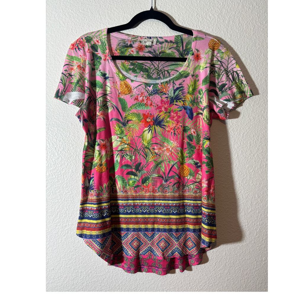 One World Size L Pink Tropical Floral Hawaiian Scoop Neck Embellished T-Shirt